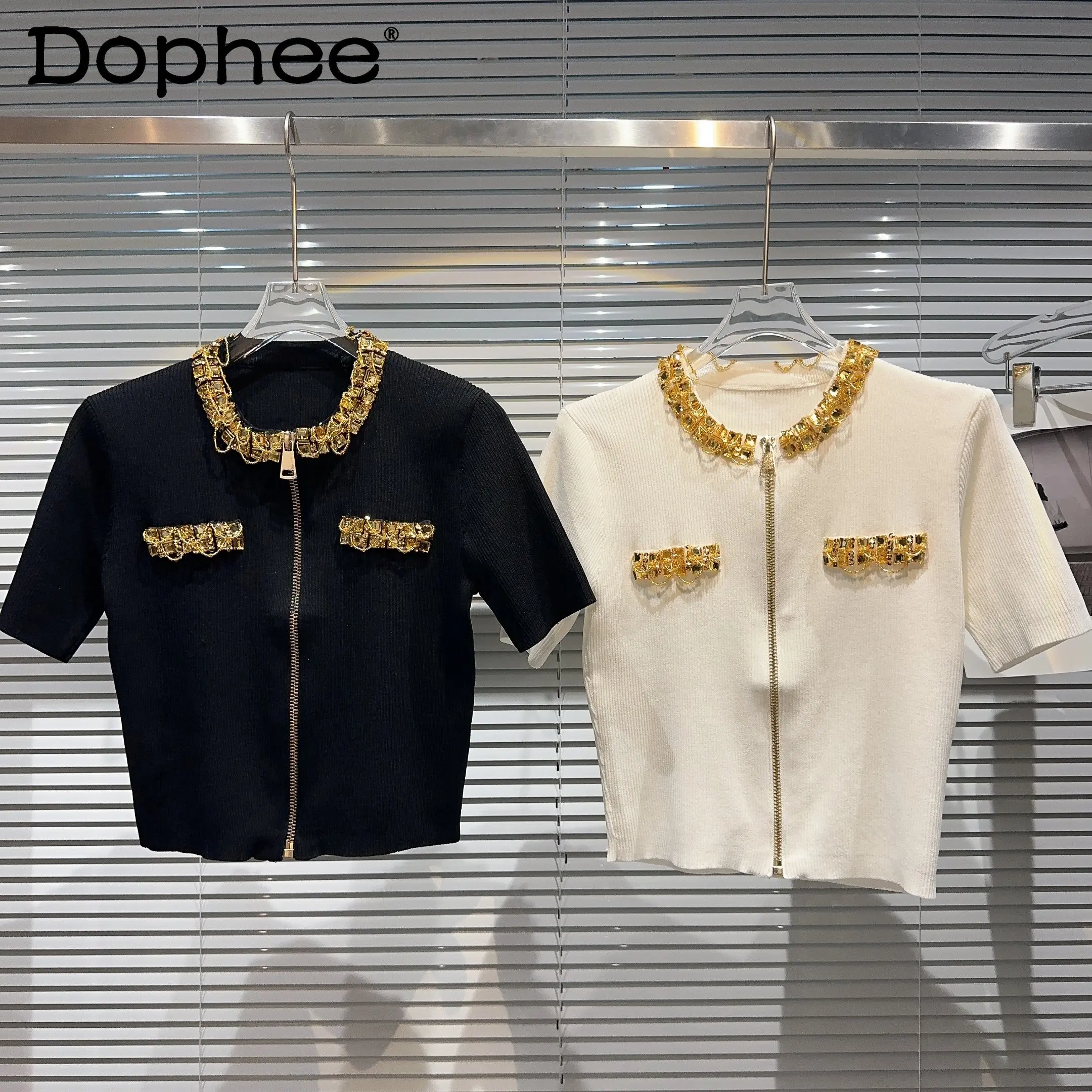 

Heavy Industry Gold Rhinestone Sequins Beaded Collar Short-Sleeved Sweater Women Zipper Cardigan T Shirt 2023 Summer New Clothes