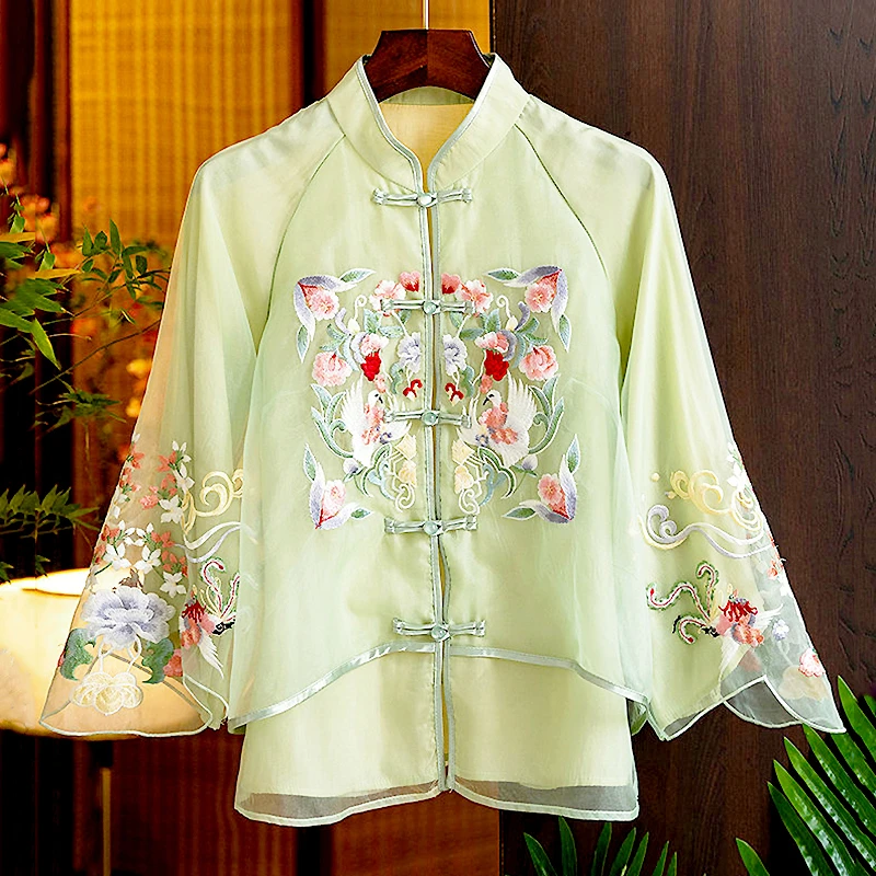 Fashion Chinese Style Women's Blouses Luxury Embroidery Long Sleeve Blusas Femininas Elegantes Ladies Shirts Woman Clothes SL023