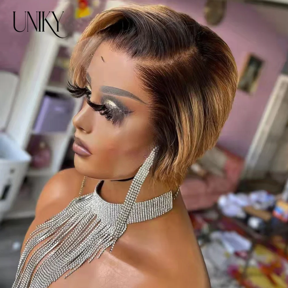 1B 27 Blonde Short Bob Pixie Cut Wig Straight Human Hair Wigs T Part Transparent Lace Wig For Black Women Straight Short Bob Wig