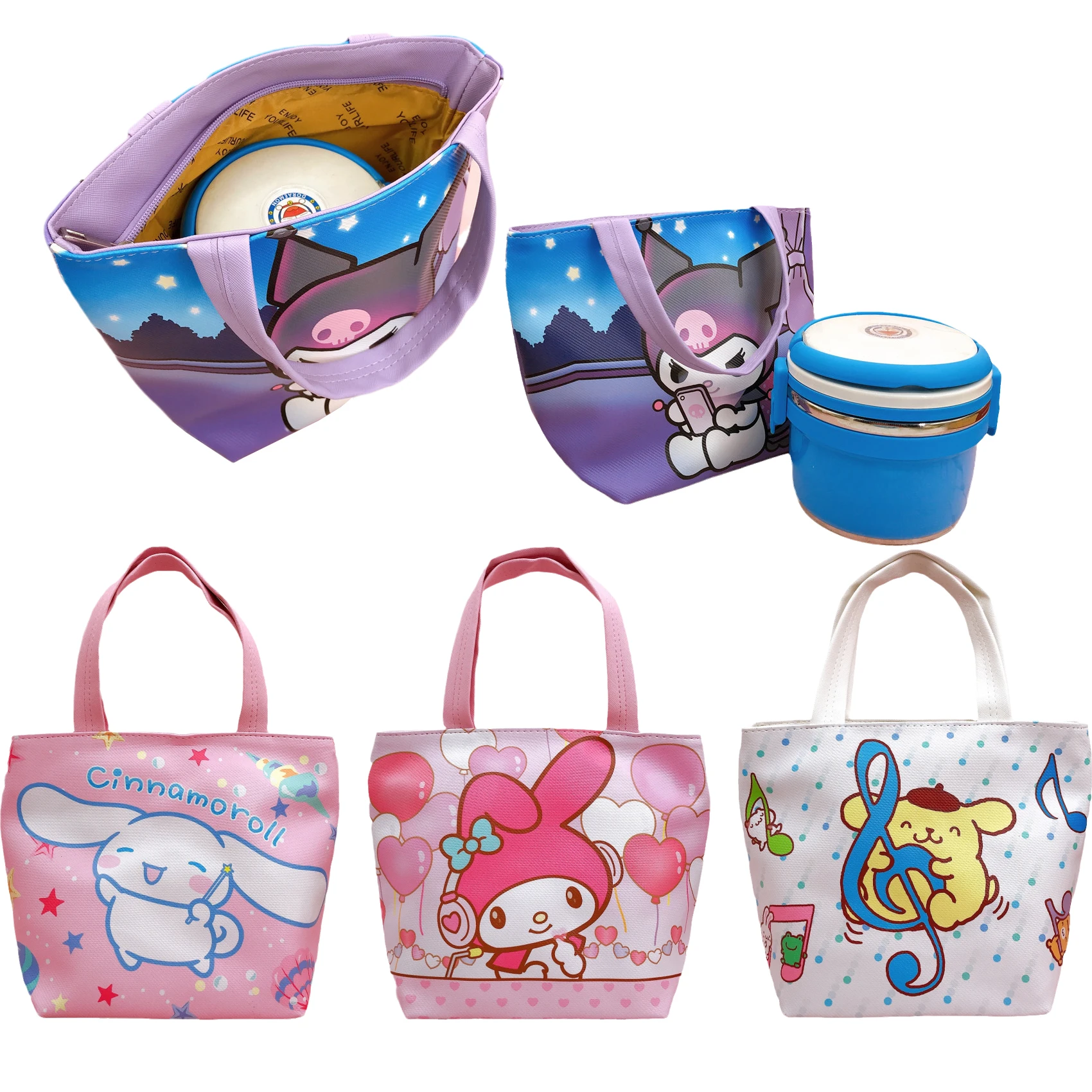 

Kawaii Sanrios Cinnamonroll Kuromi My Melody Anime Cartoon PU Lunch Box Handbags Travel Picnic Waterproof Food Storage Container
