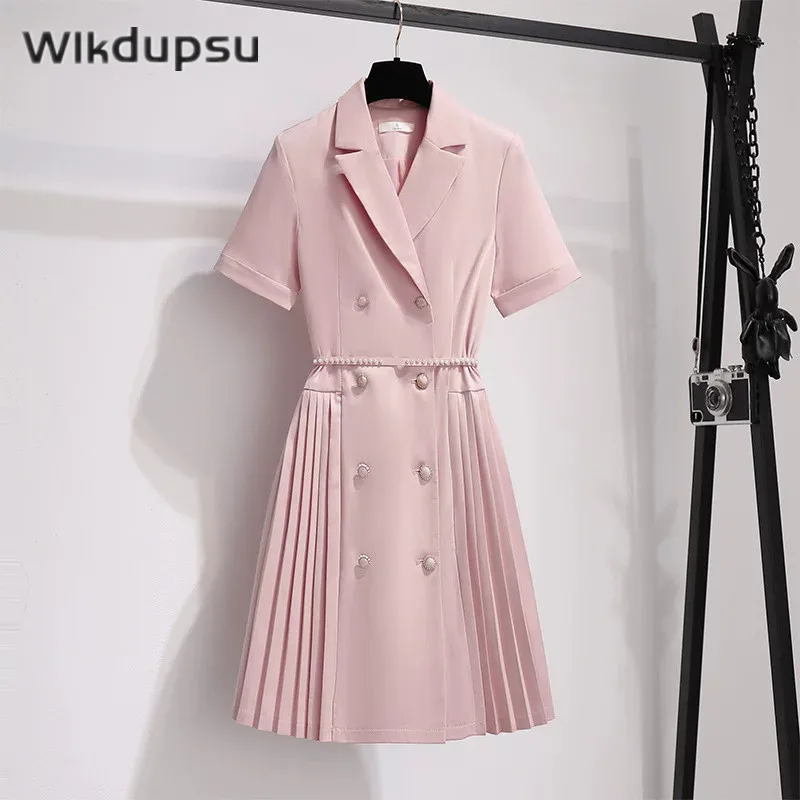 

Женское плиссированное платье средней длины, элегантное двубортное офисное платье-трапеция до колен с коротким рукавом, Новинка лета