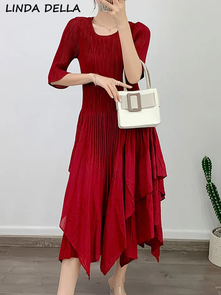 

Женское плиссированное платье миди LINDA DELLA, винтажное дизайнерское платье винного цвета с круглым вырезом, рукавом до локтя, повседневное свободное платье с оборками на подоле, лето