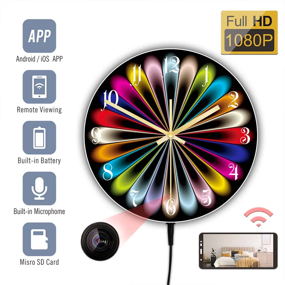 

Colored Background Modern Design WIFI IP Wall Clock 1080 HD Camera Motion Security Nanny Cam Detection Recorder Home Decor Watch