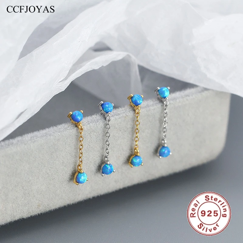 

CCFJOYAS 925 Sterling Silver Blue Opal Stud Earrings for Women Simple ins Tassel Chain Earrings Fine Piercing Jewelry