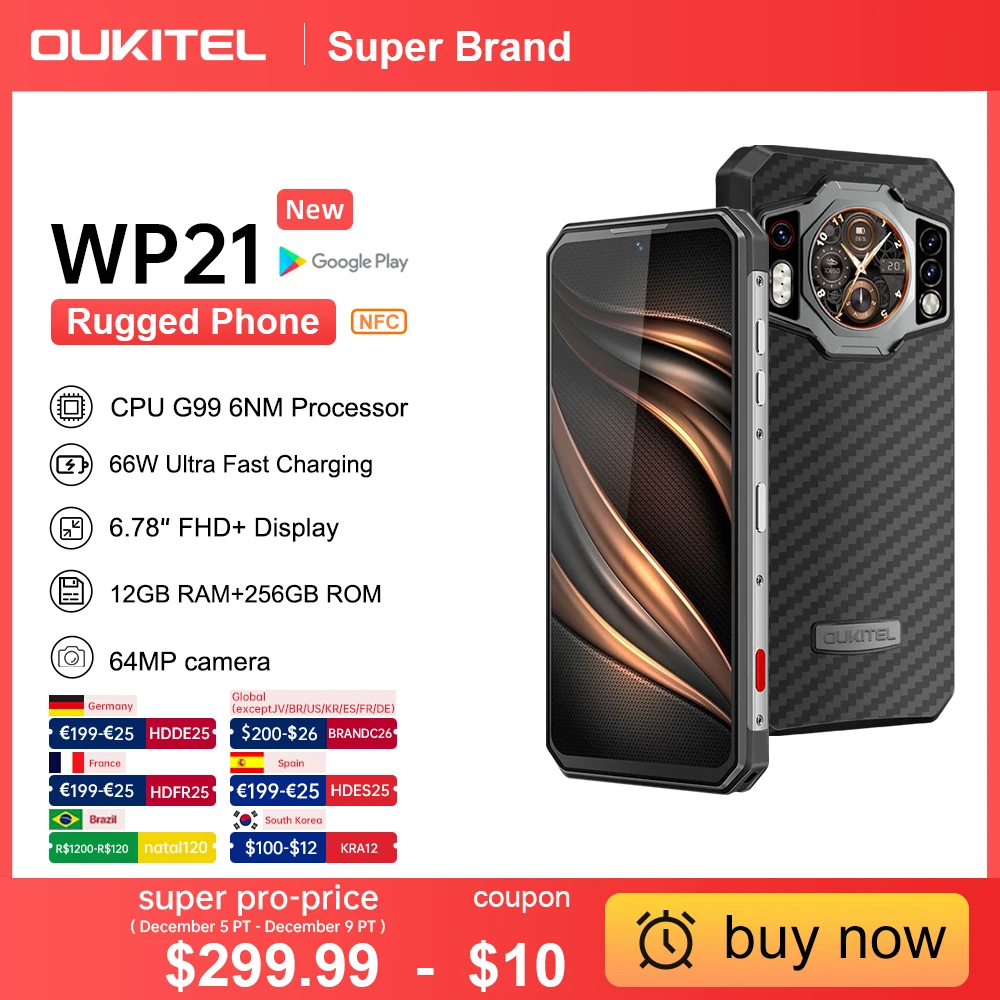 Oukitel WP21 Rugged Phone Night Vision, Cell Phone, Mobile Phone, 9800 mAh, 12GB+256GB, 64MP Camera, 66W, 120 Hz Helio G99