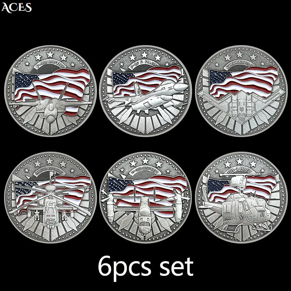 

6pcs US Fighter Plane Coin set Famous Fighters Commemorative Medal Challenge Coin Art Worth Collection Home Decor