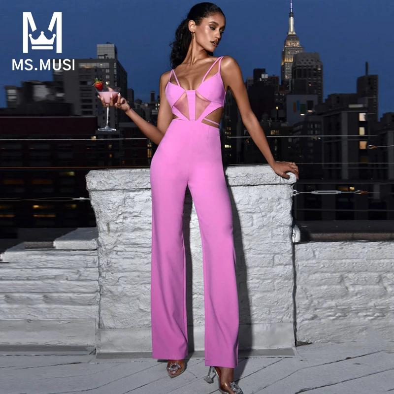 MSMUSI 2022 New Fashion Women Sexy Pink Strap Hollow Out Sleeveless Backless Bodycon Party Club Flare Pant Lady Bandage Jumpsuit