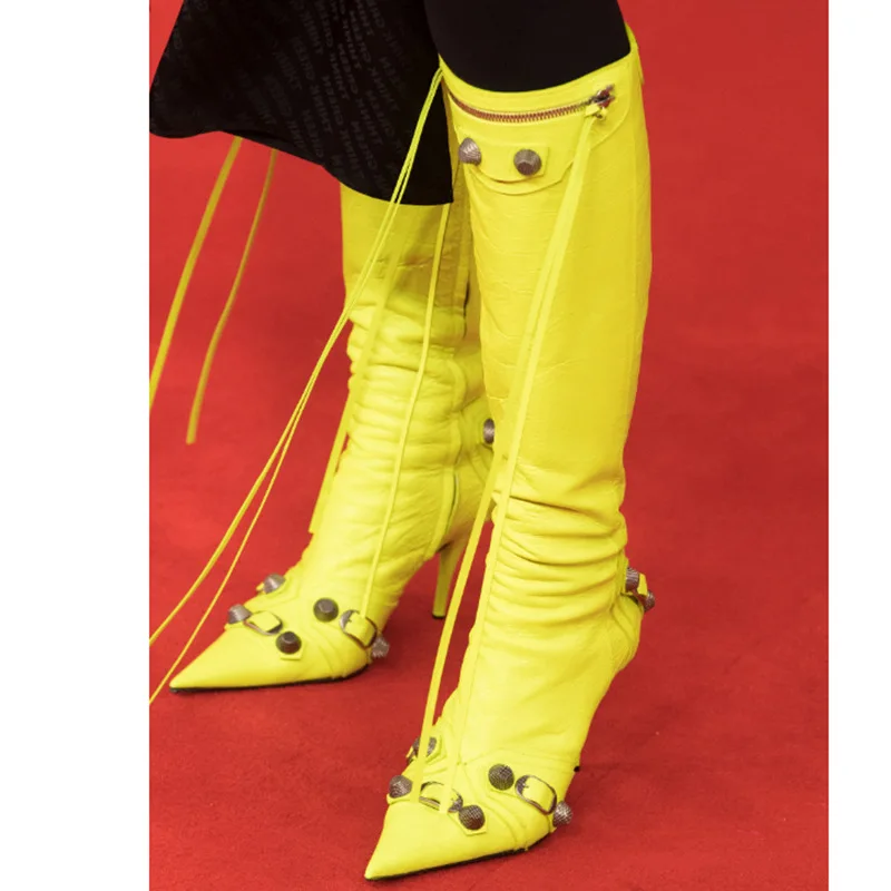 

Pereira Yellow Fringe Rivet Decor Boots Side Zipper Solid Stiletttos High Heel Pointed Toe Knee High Runway Shoes Big Size Shoes