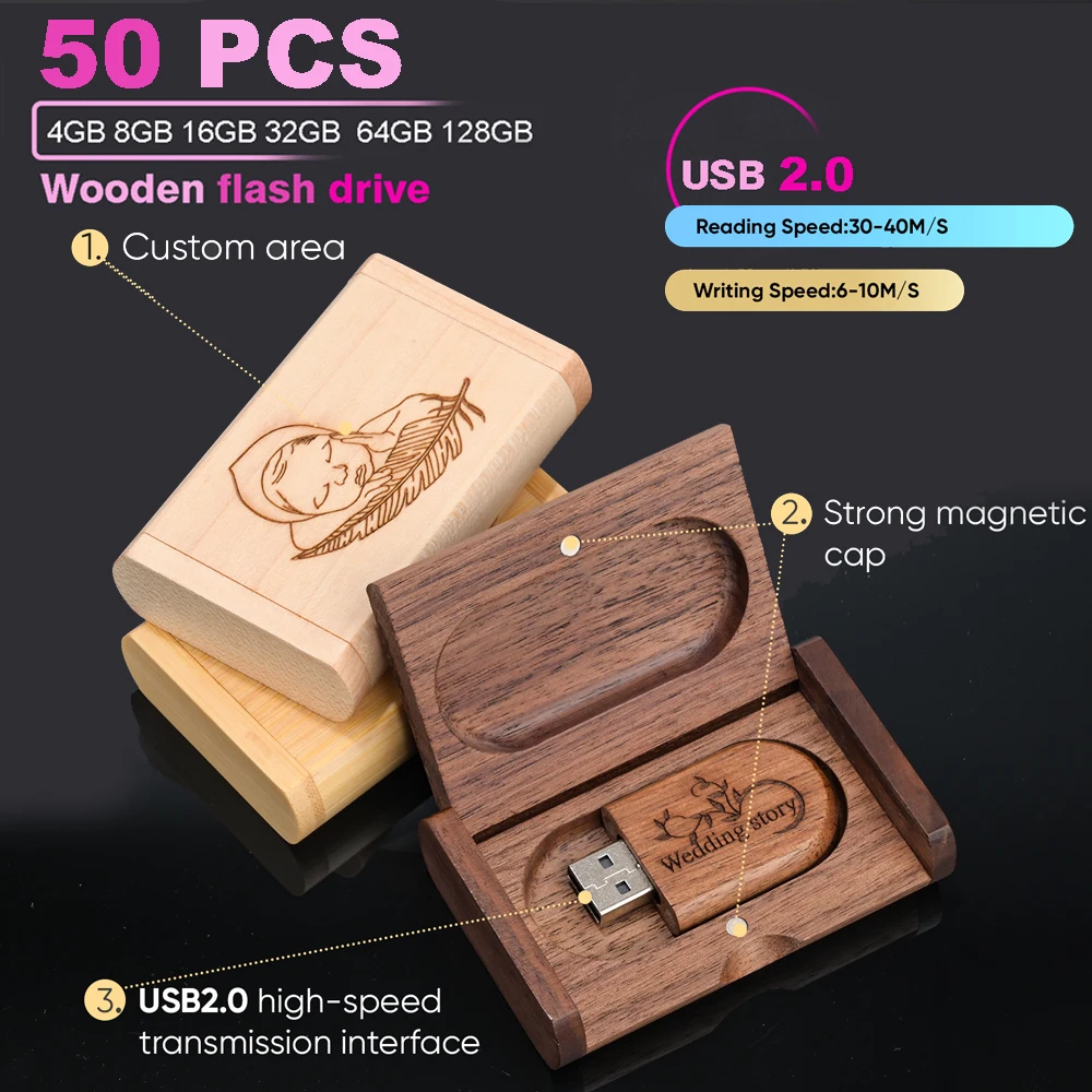 50 шт./лот деревянный USB-накопитель 128 ГБ фотостудия памяти 64 бесплатный
