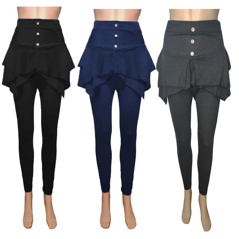 

European And American Spring And Autumn Women Casual Solid Color Slim Fitting Three Button Bottomed Pants Skirt Leggings