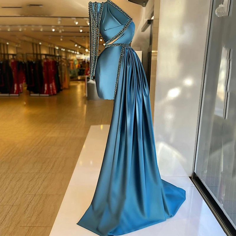 

Синие атласные Выпускные платья с одним открытым плечом, бисером, сексуальное официальное вечернее платье выше колена с длинным шлейфом, индивидуальный пошив, платья для торжества