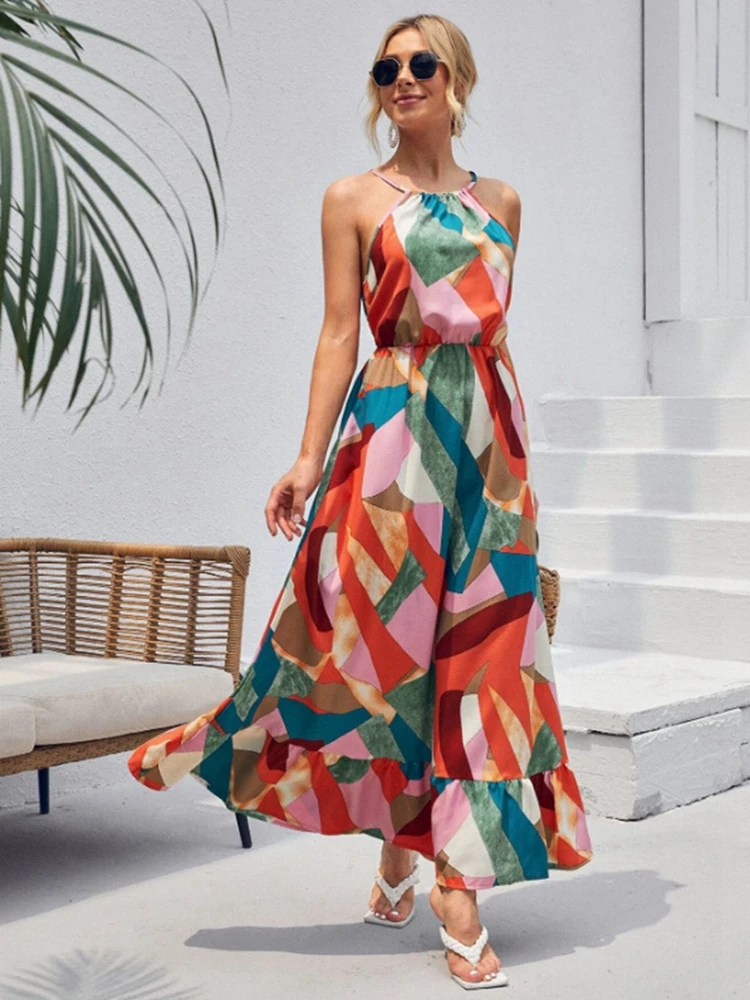 

Summer Fashion Halter Dress Sleeveless Print Long Women Dress Boho Holiday Beach Maxi Dress Female Casual Chic Tunic Dress