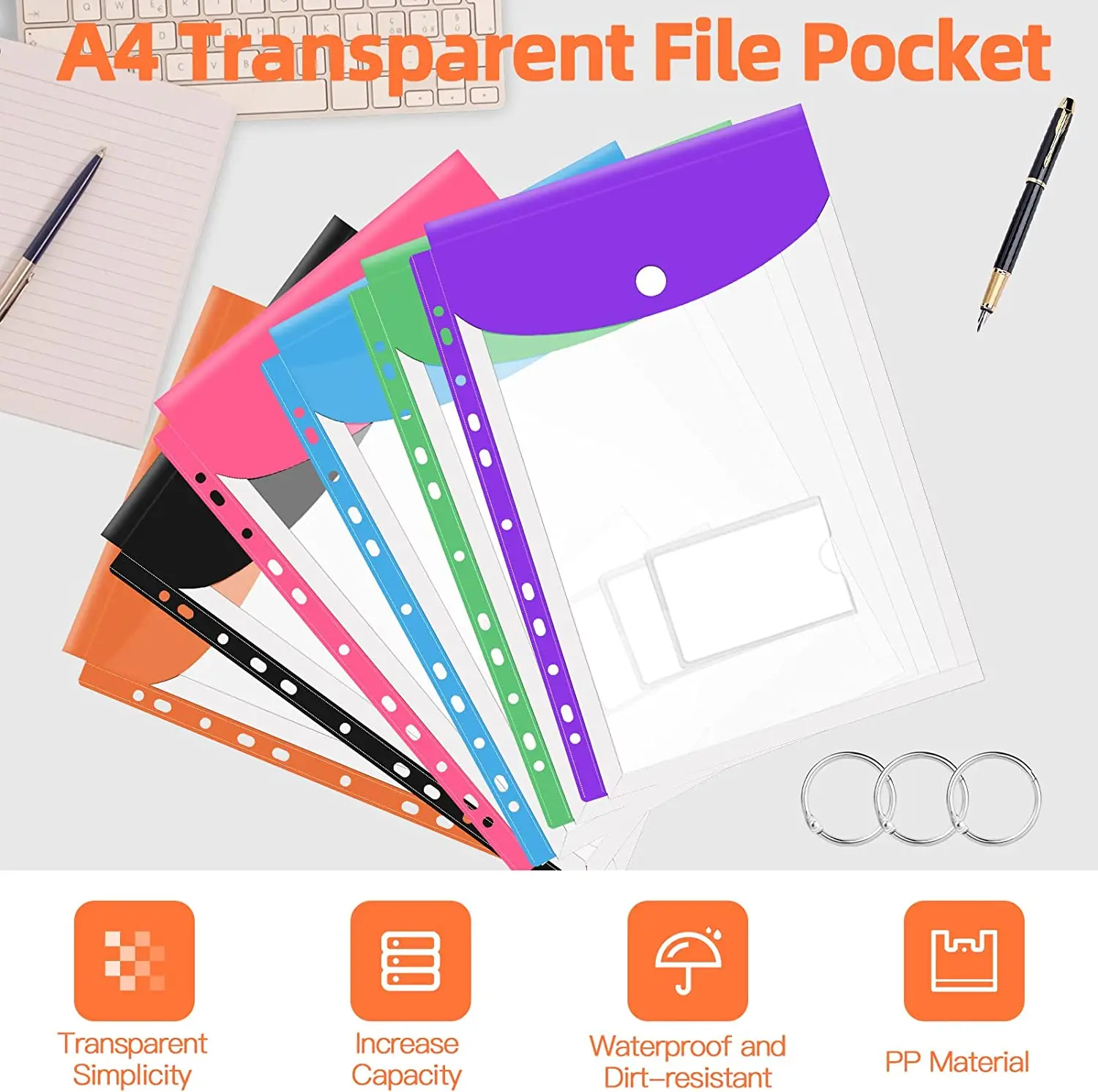 A4 прозрачные пластиковые перфорированные карманы с застежкой на пуговицах для