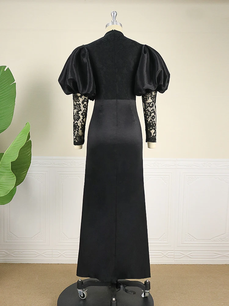 2023 Women Elegant Long Black Prom Formal Dresses Stand Neck Fluffy Sleeve High Slit Lace Robes Party Evening plus Size Dresses