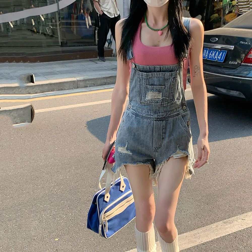 

Fashion Hole Sexy Ripped Hole Denim Overalls Women Summer Jumpsuit Female Denim Rompers Playsuit Salopette Straps Shorts Rompers