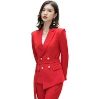 temperament high quality fabric womens professional pants suit new slim red lady blazer jacket coat casual trousers two piece