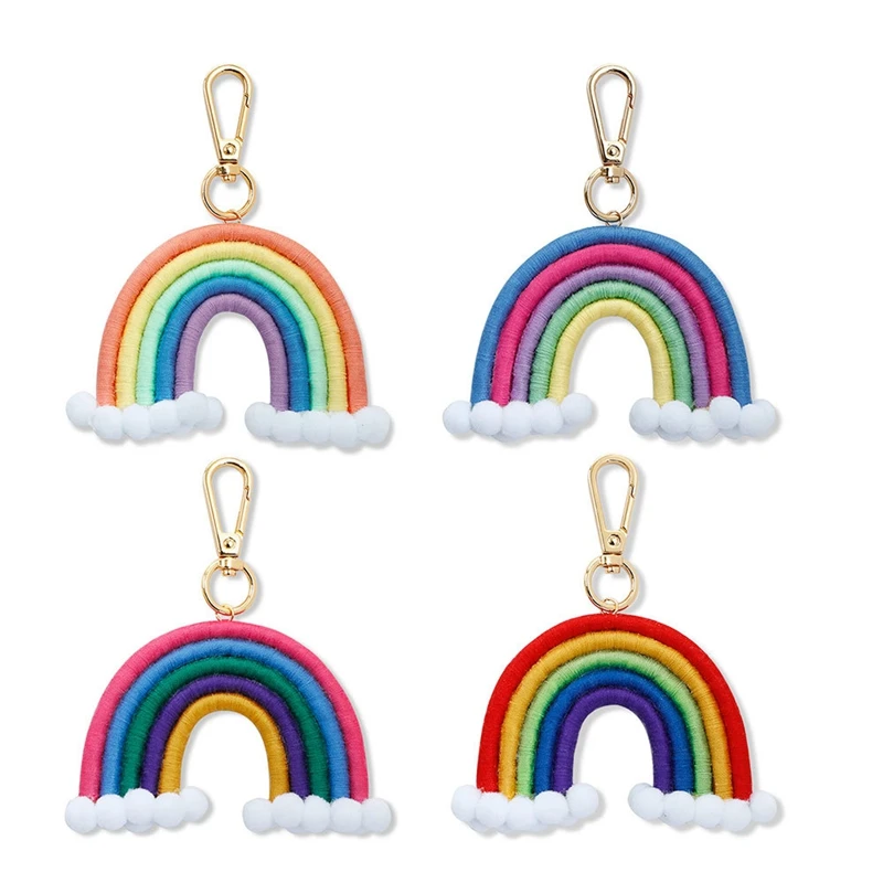 

4 Pieces Macrame Rainbow Keychains, Macrame Rainbow Bag Charms Keyring Pendant