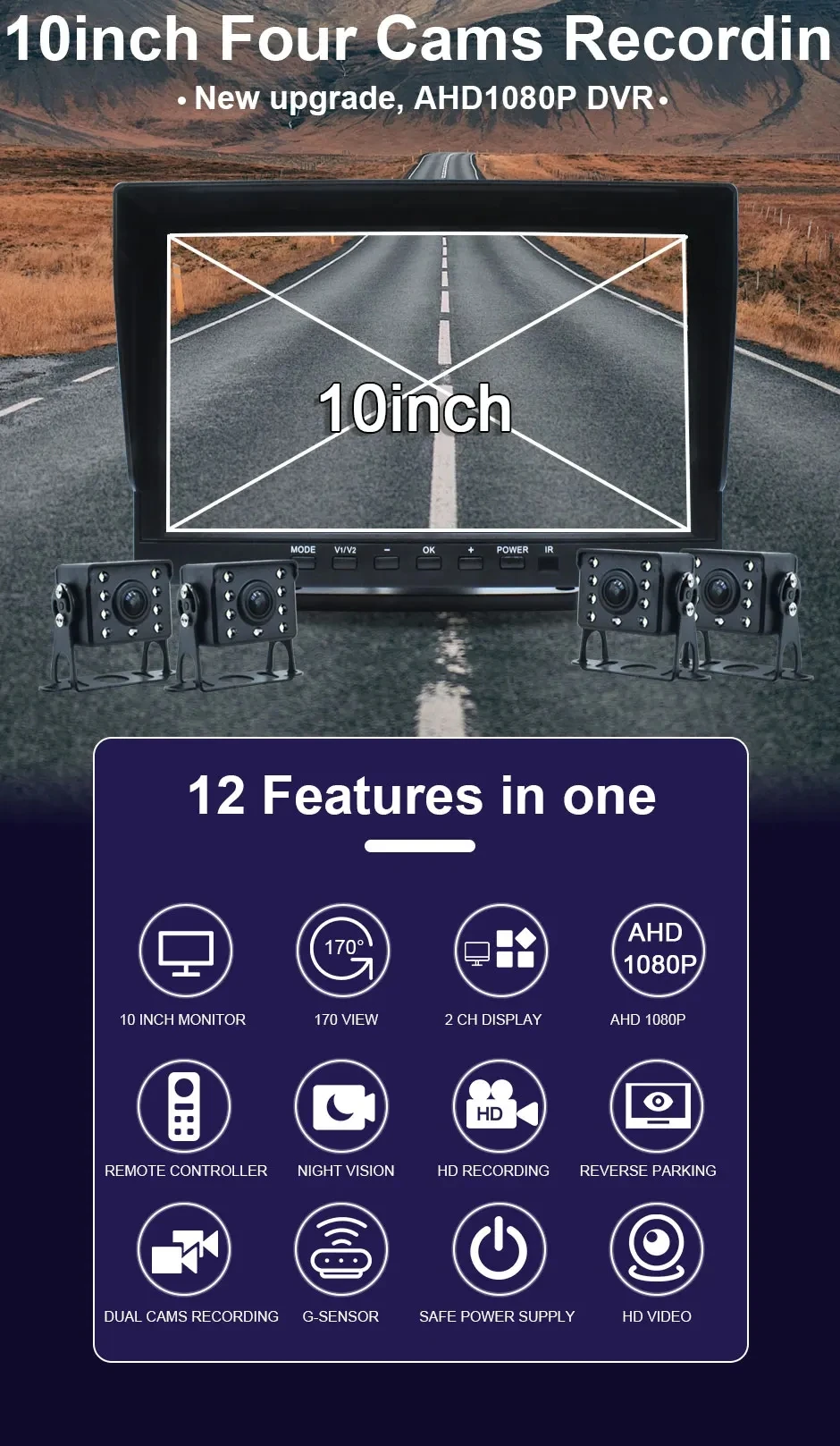 AHD 1920x1080P 4-канальный автомобильный монитор 10-дюймовый IPS-экран записи DVR 1080P ИК