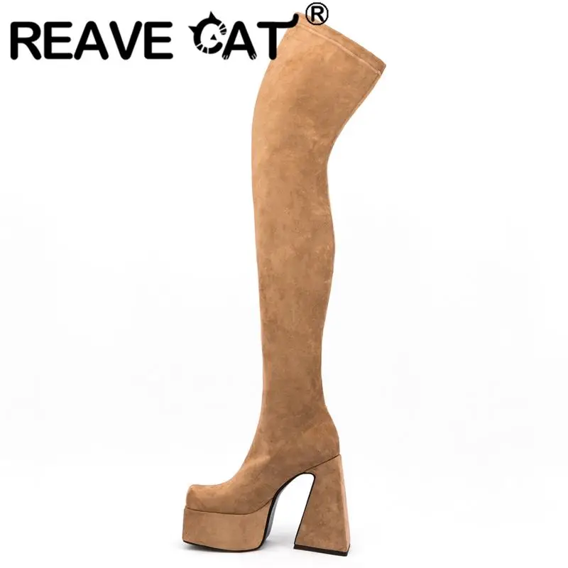 

REAVE CAT Women Over Knee High Stretch Boots Square Toe Strange High Heels 11cm Flock Slip-on Platform 5cm Big Size 34-45 S4092