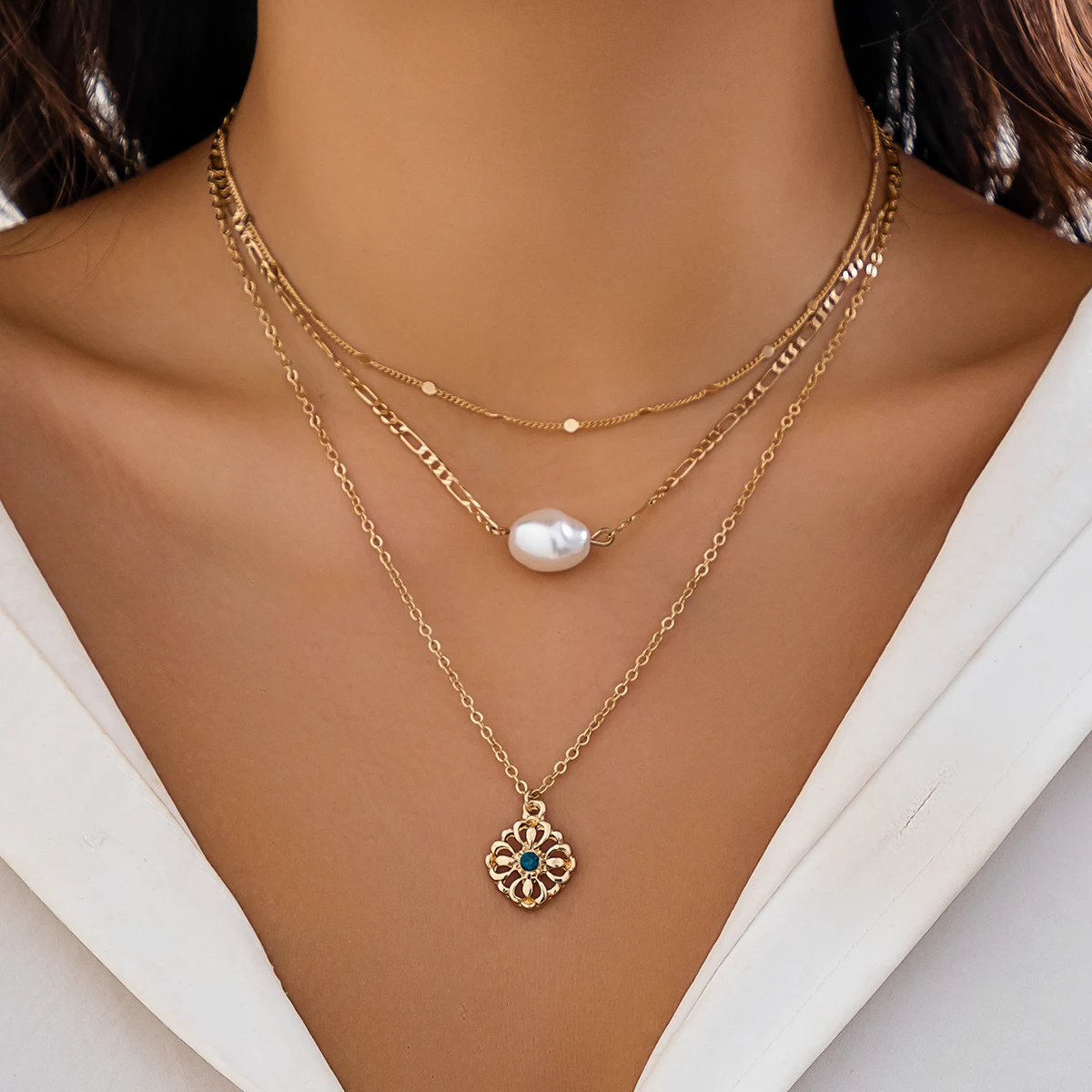 

Lacteo Vintage Multilayer Link Chain With Imitation Pearl Charm Necklace for Women Geometric Pendant Choker Jewelry Collar Gifts