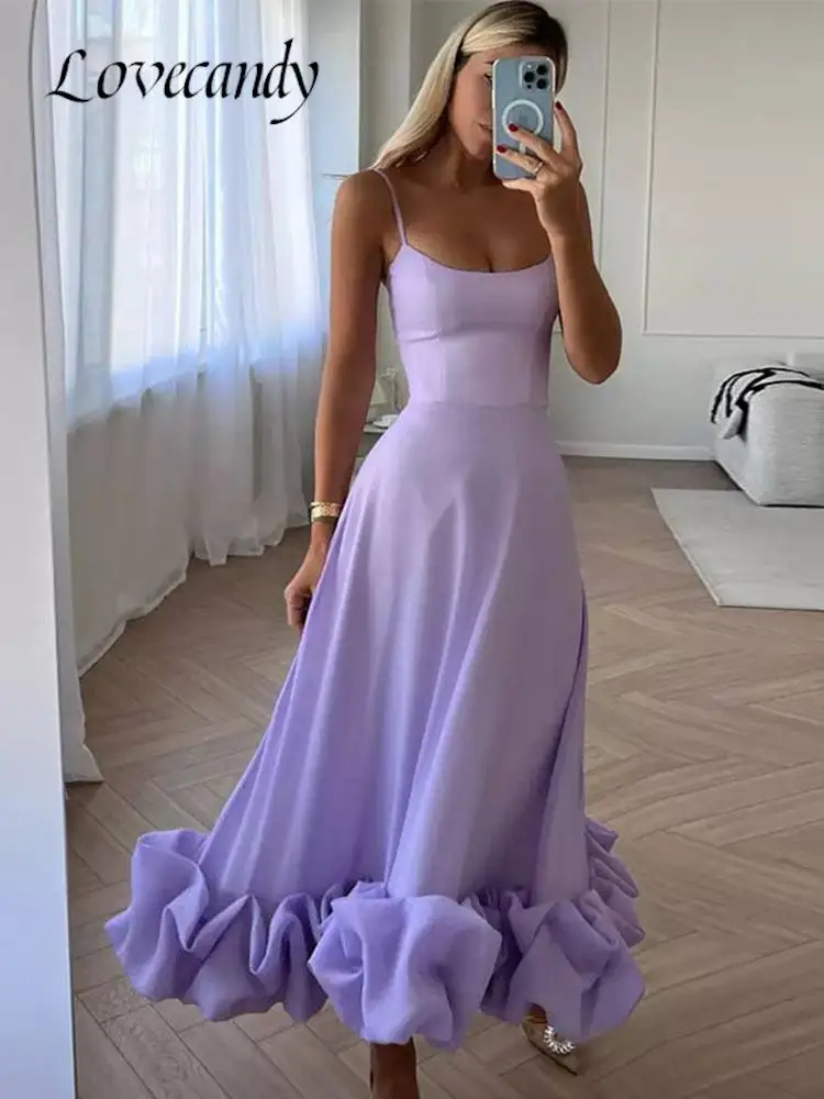 

Fashion Folds Strap Evening Midi Dress Women Sleeveless Big Hem Ruffle Dress 2023 Ladies Elegant Solid Slim Party Club Dresses