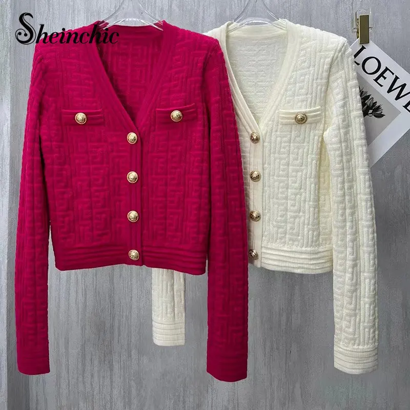 

2023 Autumn New In Knitwears Women Casual V-neck Long Sleeve Top Mujer Gold Buttons Knitted Sweaters White Black Pink Cardigan