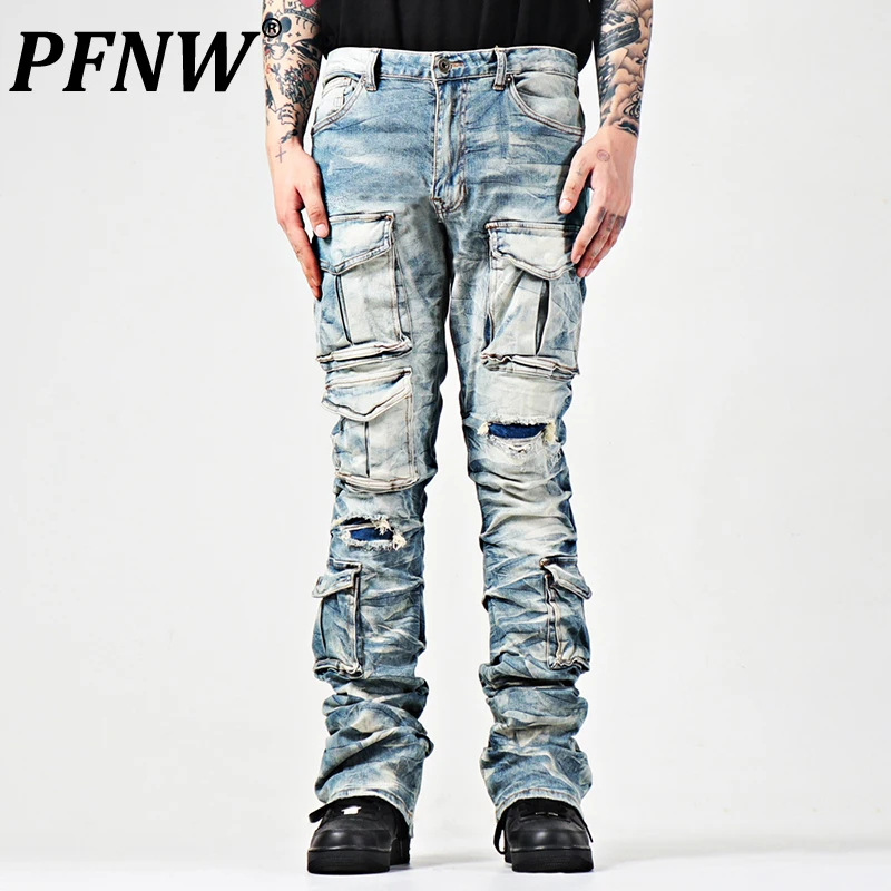 

PFNW Summer Men's American Hip Hop Personality Pleated Denim Pants Tide Darkwear Multiple Pockets Techwear Flared Jeans 12Z1356