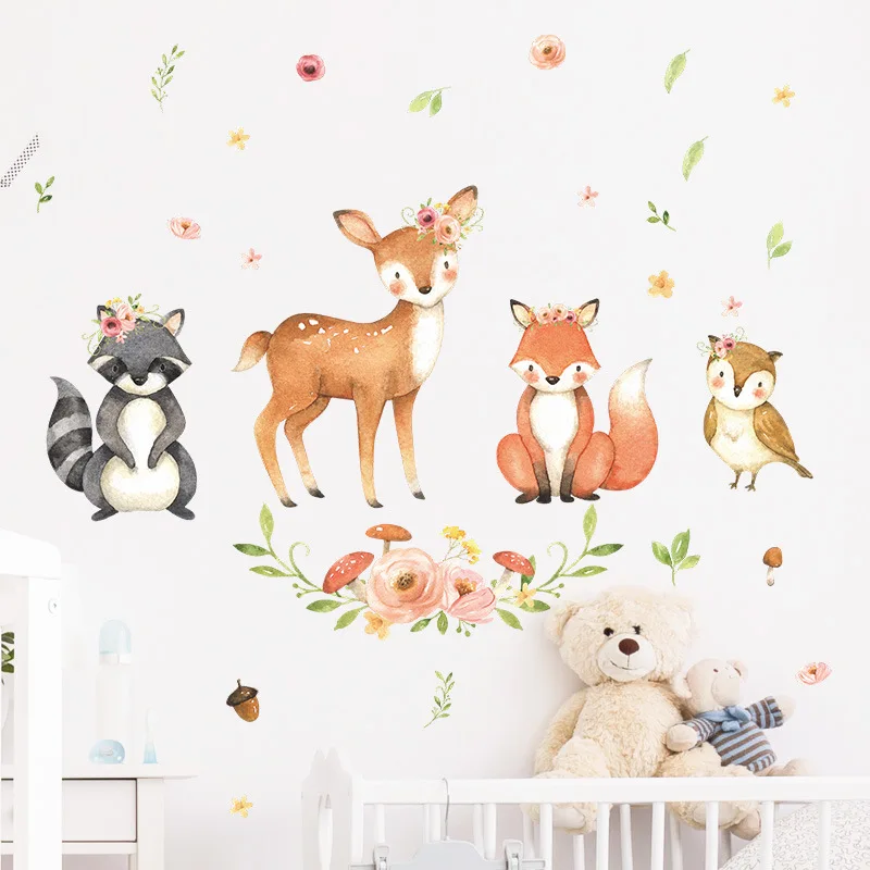 Мультяшные животные наклейки на стену для детской комнаты оленя лиса енот