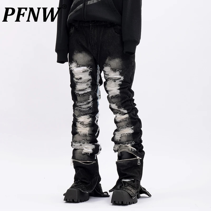 

PFNW Spring Autumn Men's Customized Worn Out Niche Design Jeans Fashion Darkwear Y2K Side Zippers Contrast Denim Pants 12A8227