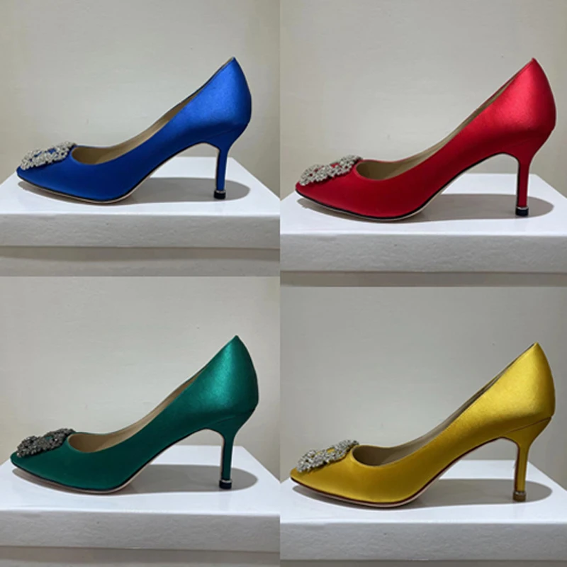 High Material Classic Rhinestone Pointed Silk Temperament High Heel Single Shoes Women's Button Shallow Flat Wedding Shoes