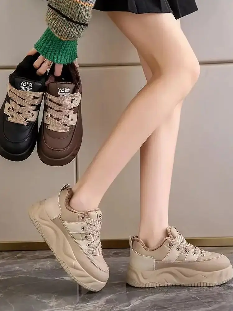 

Woman's Winter Leather Sneakers Thick Sole Non Slip Waterproof Plush Warm Casual Board Shoes Free Shipping Lace Up Cotton Shoes