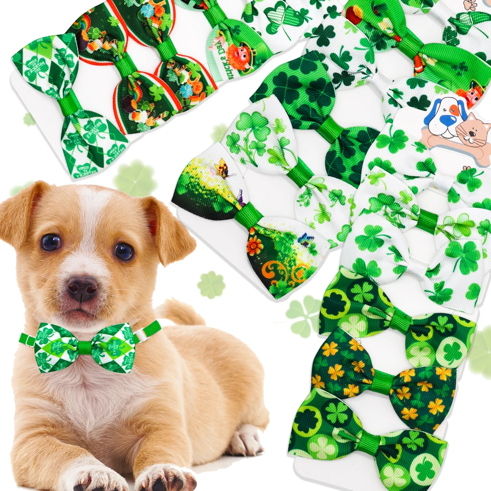 

St. Patricks Day Pet Decorate Bowtie Dog Necklace Shamrock Four Leaf Adjustable Dog Collar Festival Gifts for Dog Accessories