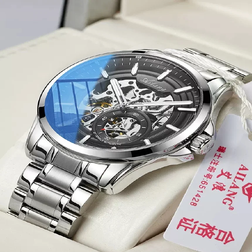 

AILANG Fashion Men Automatic Mechanical Watch Stainless Steel Luxury Business Transparent Skeleton Wristwatch Relogio Masculino