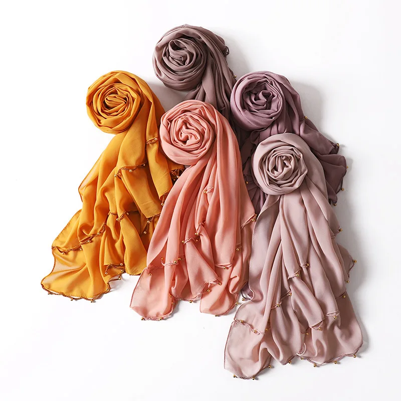 

Muslim Plain Lace Pearl Hijab Fashion Women Turban Scarf Islam Female Quality Chiffon Beading Shawl Wrap Headscarf