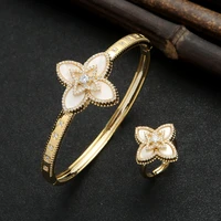 carlidana 2pcsset luxury clover crystal banglebraceletring gold color jewelry set for women engagement bride wedding gift