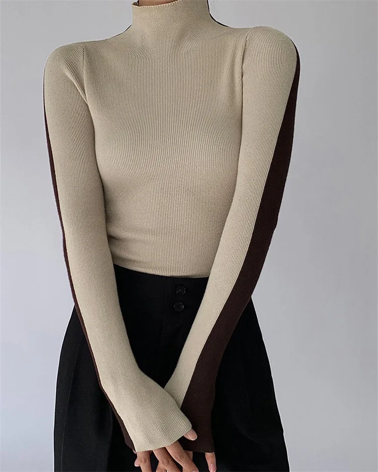 

Autumn Turtleneck Patchwork Knitted Women's Sweater Bodycon Long Sleeve Basic Pullovers Female 2023 Lady Streetwear Jumpers