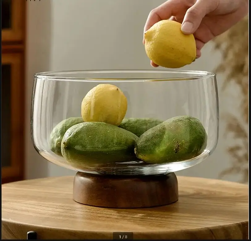 Прозрачная стеклянная тарелка с деревянным дном высокие ножки круглая миска для