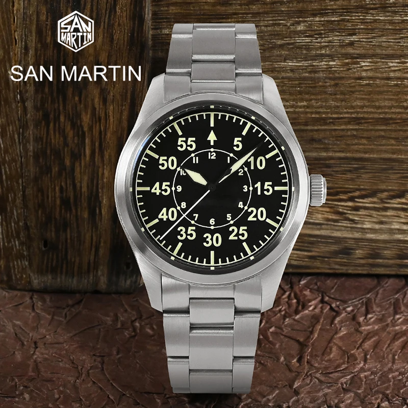 

San Martin Mens Pilot Watches Men Watch 39mm Automatic Military Mechanical Wristwatch 200M Waterproof C3 Luminous Sapphire YN55A