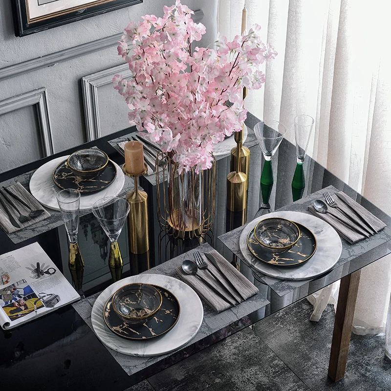 

Модель комнаты, Круглая Керамическая обеденная тарелка, набор посуды, Мраморная текстура, обеденная тарелка, набор креативных клубных план...