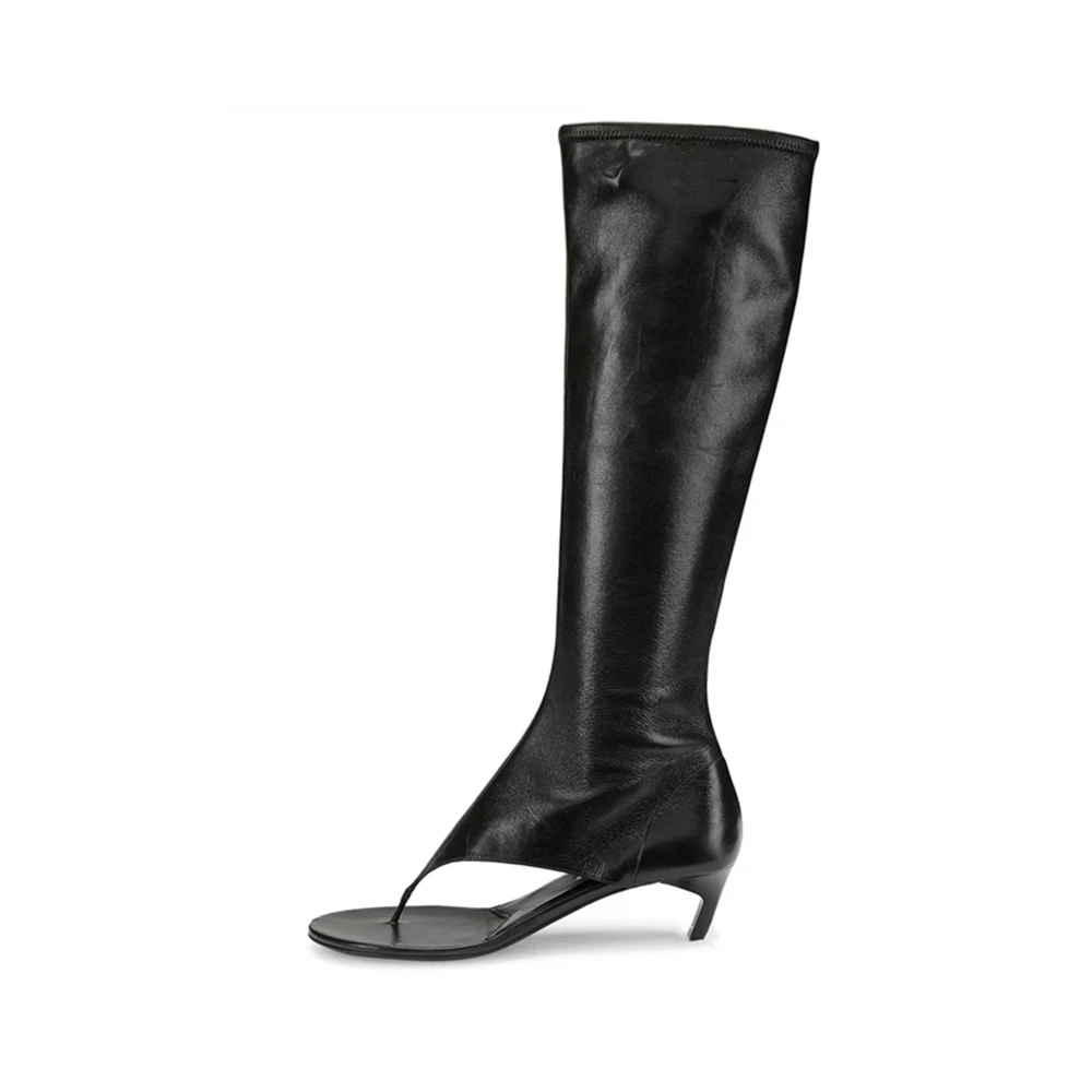 Women's New Fashion Slim Heel Black Cat Heel Clip Toe Boots Elastic Soft Microfiber Flip-Flops Side Zip Low Heel Knee Boots