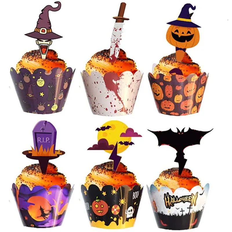 

12/24Pcs Halloween Cupcake Toppers and Wrappers Bat Spider Witch Pumpkin Cupcake Toppers for Halloween Cupcake Decorations