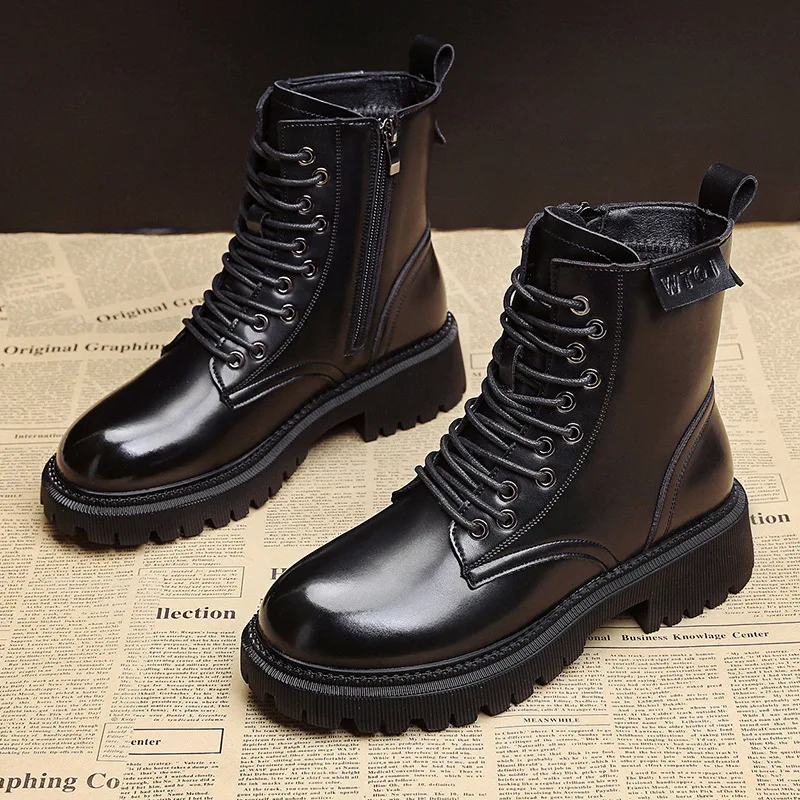 

Однотонные кожаные ботинки, женские осенне-зимние ботильоны для женщин, женская обувь, мотоциклетные ботинки на платформе и высоком каблук...