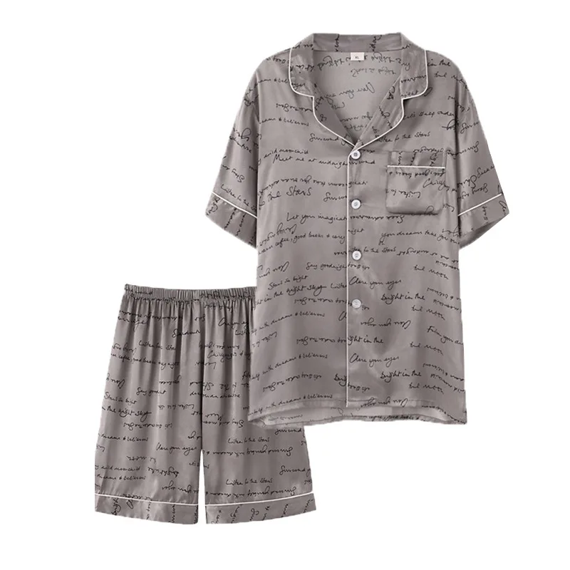 2pc Plus Size Short Sets Satin Set Pijamas Printing Sleepwear Silk Pajamas for Men Home Soft Cozy Short Sleeve Sleep Top Pants