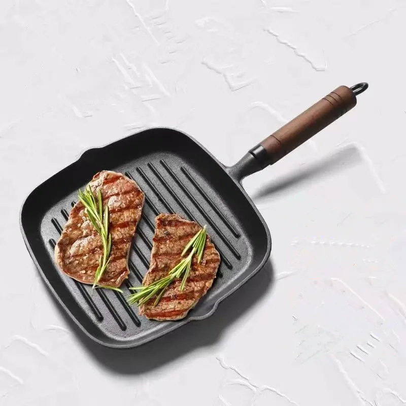 

Vegetables Skillet Pan Nonstick Inch With Meats Wooden Steak Grill Cast Handle 8.7 Grill And Pan Steak Utensils Kitchen Iron For