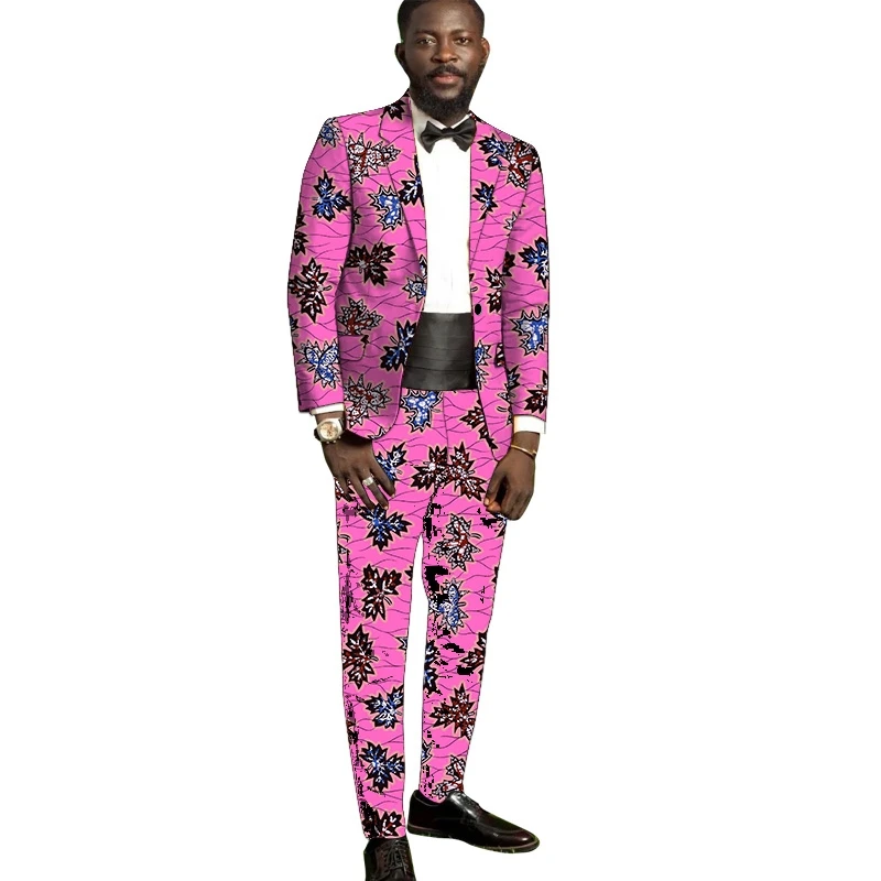 Rose Print Men's Pant Suit Blazers+Trousers Nigerian Fashion Colorful African Wedding Male Garments