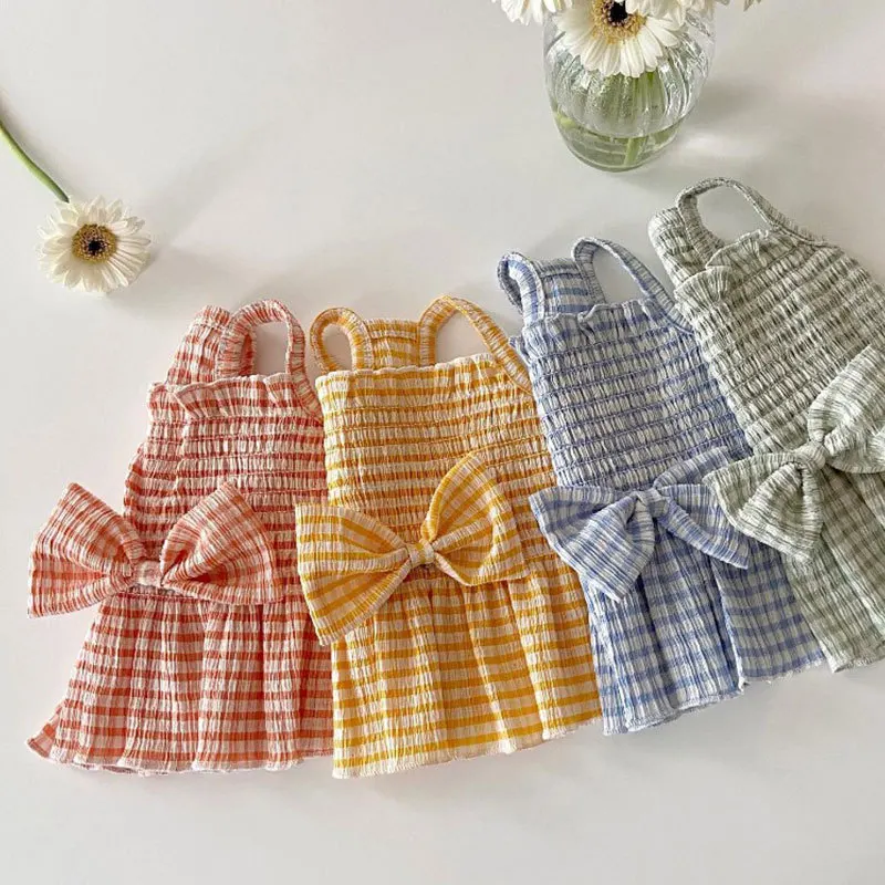 

Bow Plaid Pet Clothes Summer Puppy Suspender Vest Dog Princess Skirt Schnauzer Cool Comfortable Clothing XS-XL
