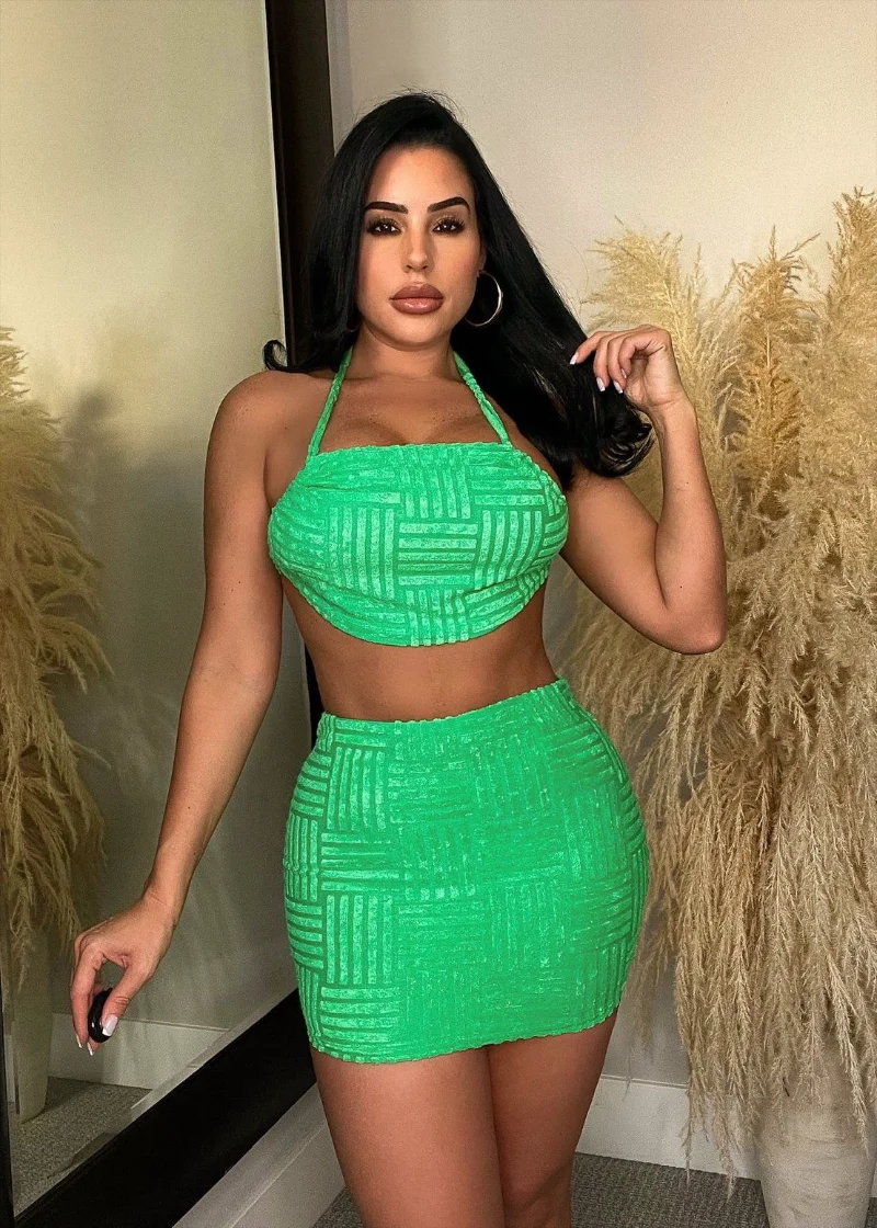 

WUHE Waffle Mini Skirt Suit and Halter Neck Crop Top 2023 Street Women Beach Holiday Sexy Two 2 Piece Dress Set Outfit