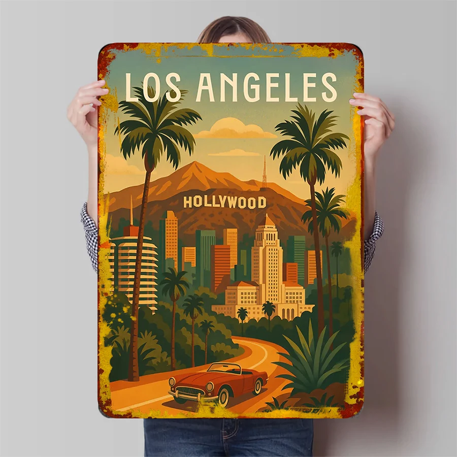 Фото Постер с путешествиями в Лос-Анджелесе – Hollywood Hills & Sunset Skies, жестяные знаки, автомобильный постер, винтажное украшение интерьера, декор для комнаты №1