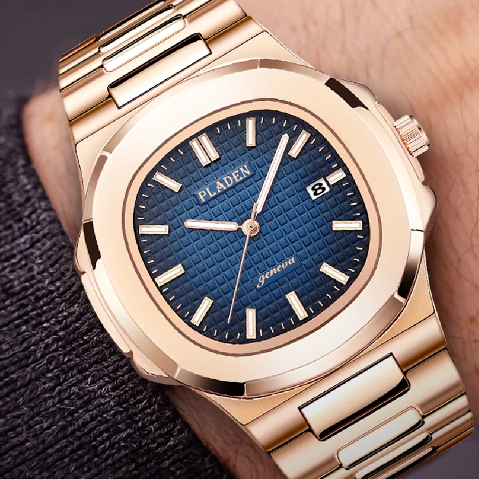 

Men's Quartz Watch Fashion Brand PP Dark Blue Dial Stainless Steel Watches With Calendar Waterproof Business Hand Clock Hot