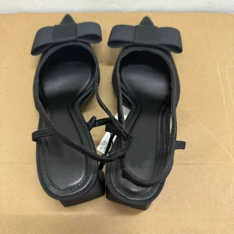 2024 черные женские элегантные туфли на высоком каблуке с острым бантом роскошные